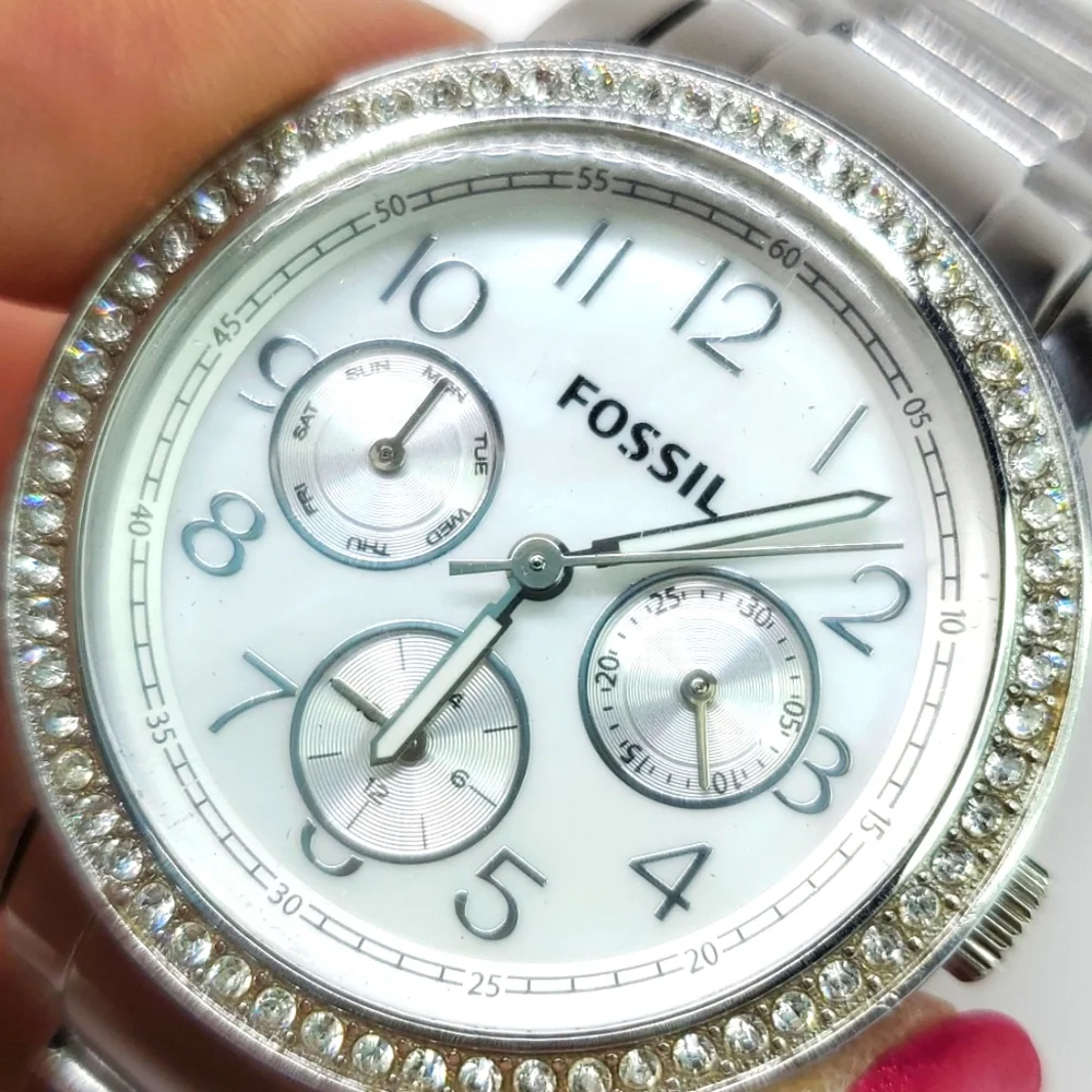 Fossil Watch ES2967 Silver Steel  Wristband Crystal Bezel Multifunction Watch